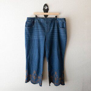 Pioneer Woman Womens Plus Sz 2X (20W–22W) Blue Jeans Floral Embroidered Hem Crop